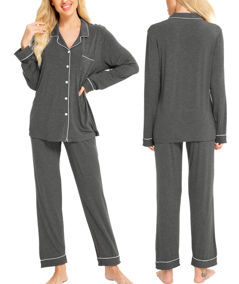SWOMOG Womens Pajamas Set Long Sleeve Sleepwear Button Down Nightwear Soft PJs Sets with Pockets Lounge Sets Deep Grey - Image 4